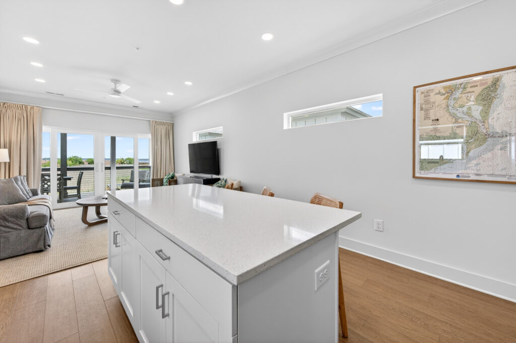 Winyah Bay Club kitchen island with white quartz countertop