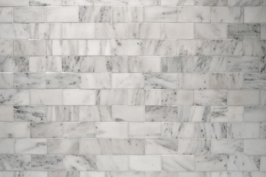 Close-up of gray and white marble subway tile at Collins Meadows