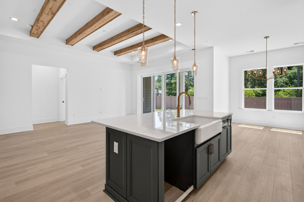 Kitchen island with farmhouse sink and light wood-look plank flooring
